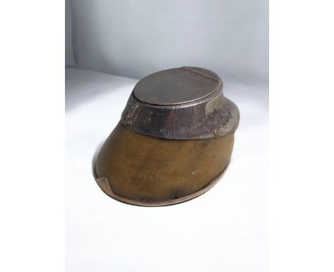 Late Victorian silver mounted horse hoof inkwell, Jesse Earls, London 1883, lid engraved 'Lonsdale', with inset glass inkwell