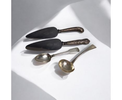 Four pieces of flatware, comprising: a George III Old English pattern sauce ladle, Solomon Hougham, London 1813; Victorian Ol