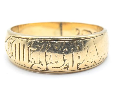 Late Victorian 18ct gold band ring, hallmarked Birmingham 1895, size O1/2, 5.4 gramsCrown and 18 marks partially rubbed. Spli