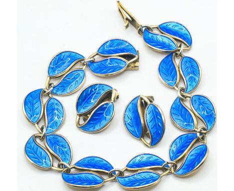 Willy Winnaess for David-Andersen Norwegian silver gilt and enamel bracelet and pair of clip earrings,&nbsp;of blue enamelled