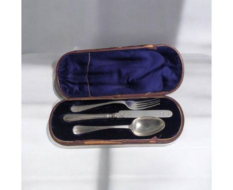 Victorian silver christening set, William Hutton & Sons, Sheffield 1870 and 1873, comprising a spoon, fork and knife, initial