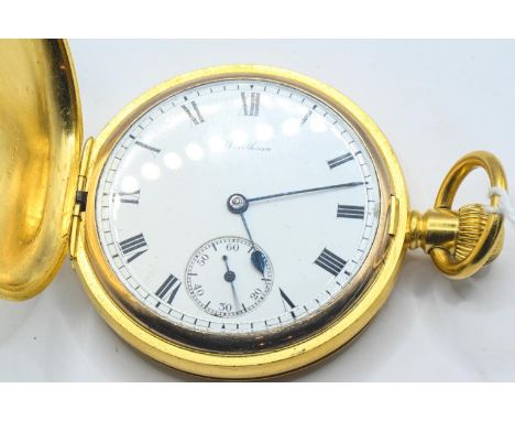 Waltham Giant gold plated cased keyless wind full hunter pocket watch, circa 1913, the white enamel dial with Roman numerals 