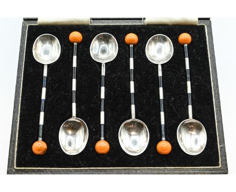 Rare set of six Art Deco silver, enamel and bakelite coffee spoons modelled as Belisha beacons, Barker Brothers Silver Ltd, B
