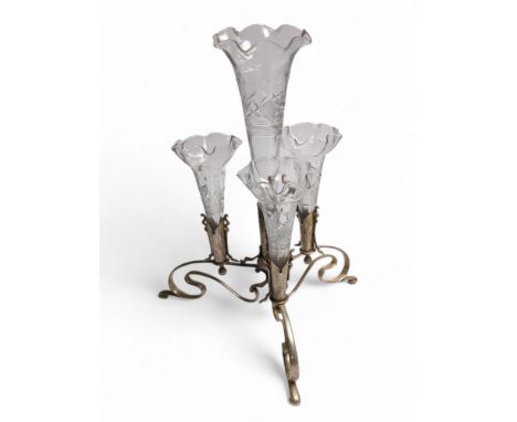 Art Nouveau epergne with a plated stand and four cut glass flutes, overall height 36cmGlass vases are free of damage. The sta