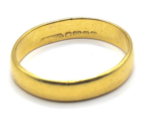 22ct gold band ring, Birmingham hallmark, size N, 3.42 gramsHallmarks with some rubbing. Band misshapen.