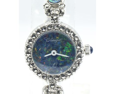 Classique ladies quartz wristwatch, with signed circular dial within a marcasite surround, on a 925 silver opal and marcasite