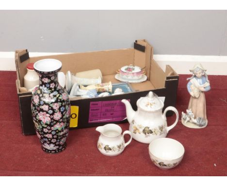 A box of miscellaneous. Royal Doulton Larchmont teapot, milk jug, sugar bowl, Royal Albert plate, Spode plate and other examp