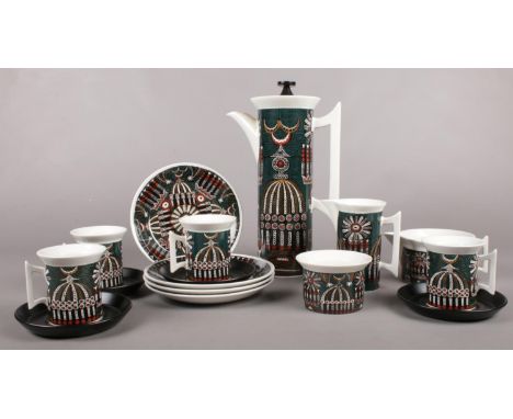 A Portmeirion pottery part coffee set. 'Magic City' designed by Susan Williams-Ellis, coffee pot, cream jug, cups and saucers