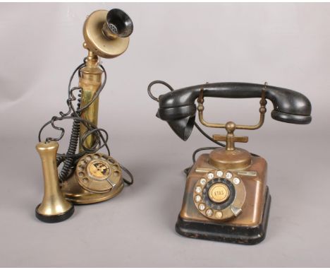 A 1930s KTAS copper desk telephone with Bakelite receiver &amp; a brass candlestick telephone with rotary dial.  