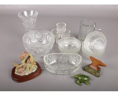 A box of mostly glassware. To include five French ribbed dessert dishes, a Libbey glass (USA) tumbler and an Edinburgh Intern