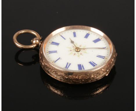 A 9ct gold fob watch. With white enamel dial and Roman numeral markers. Case stamped Cuivre.  