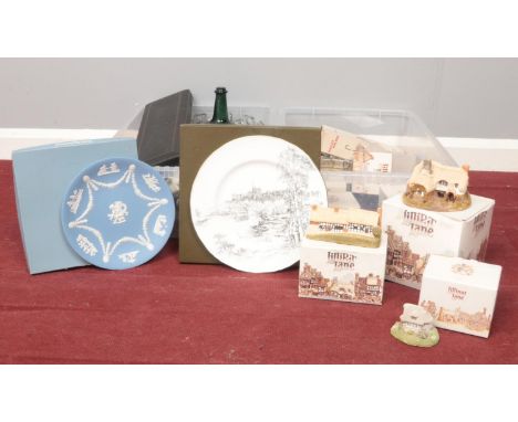 Two boxes of miscellaneous. Lilliput Lane Wheyside Cottage, The Farriers, Watermll (boxed) examples etc, Wedgwood plate (boxe