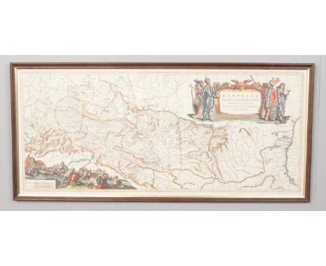 A framed print of a European Map in Latin. H: 84cm, W: 37cm.  A reproduction originally by  Blaeu, Willem Janszoon, 1571-1638