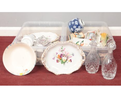 Two boxes of miscellaneous. Tuscan china part coffee set, Sadler teapot, Two cut crystal decanters etc  