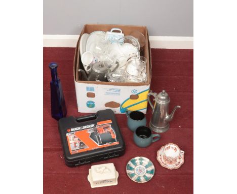 A box of miscellaneous. Including Black &amp; Decker drill, silver plate teapots &amp; coffee pots, ceramic dinnerwares, glas