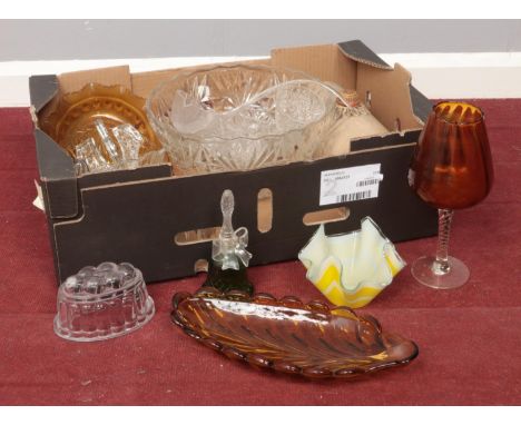 A box of miscellaneous. Cut crystal glass wares, punch bowl, vintage hot water bottle etc  