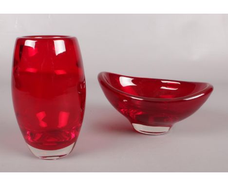 A Whitefriars Ruby red vase (15cm height) &amp; Ruby Red oval dish by Geoffrey Baxter (17.5cm diameter)  
