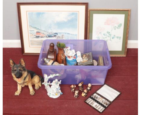 A box of miscellaneous. Includes large Alsatian dog figure, silver plate apostles spoons, framed John Rudkin print etc.  