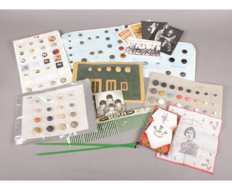 A box of collectables. Includes The Beatles comb and postcard, button samples on card etc.  