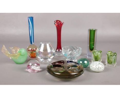 A collection of glassware. Murano four colour art glass bowl, Caithness Moon crystal paperweight, vases etc  