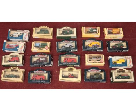 A collection of 20 Lledo die cast vehicles. 1950 Morris Z Van (Singer Sewing Machine), Dick Kerr Tram (Nestle Milk), 1955 Den