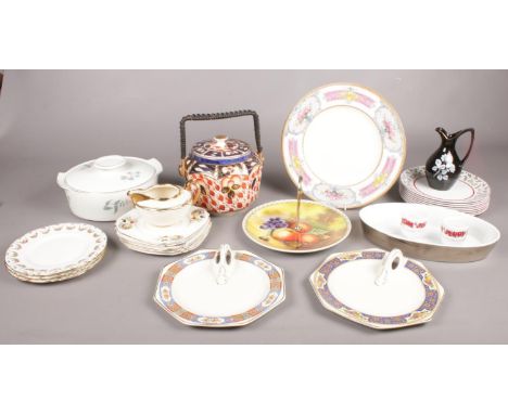 A box of miscellaneous. Includes hand painted cake stand, derby ware biscuit barrel, Royal Worcester, Meakin, sandwich plates