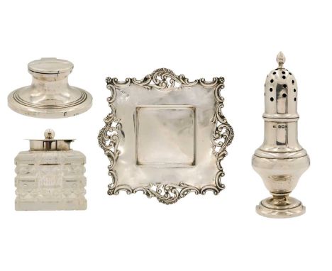 A silver caster, a silver and cut glass inkstand and a capstan inkwell. The caster by Levesley Brothers, Sheffield 1902, heig
