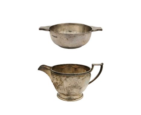 A George V silver quaichs by William Hutton & Sons Ltd, and a milk jug by Harrison Bros & Howson.  The quaichs of plain form,
