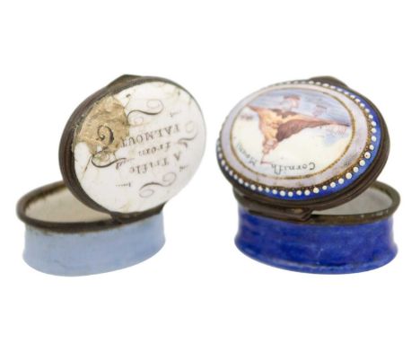 Two Georgian Bilston enamel patch boxes of Cornish interest. One with a hinged lid decorated with St Michael's Mount inscribe