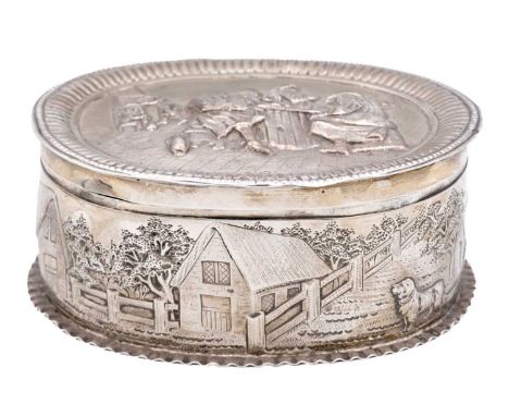 An 835 Dutch silver oval box.  The hinged cover with repoussé and chased tavern scene decoration, the body with cottage scene