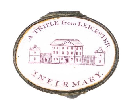 A Georgian Bilston enamel patch box 'A TRIFLE from LEICESTER INFIRMARY'. Decorated with a depiction of the infirmary, hinged 