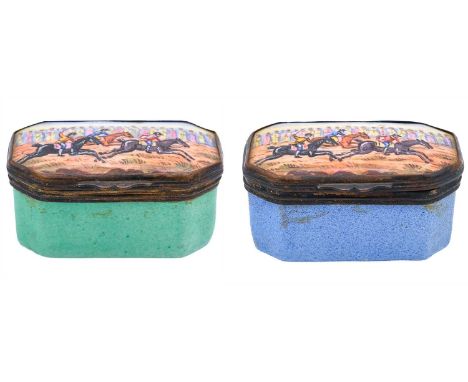 Two Georgian Staffordshire enamel snuff boxes with horse racing decoration. Of canted form depicting horse racing scenes, bot