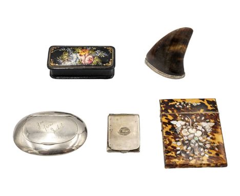 An Edwardian silver oval hinge-lidded tobacco box. Birmingham 1905, width 9.5cm, 2.58 oz; together with a white metal mounted