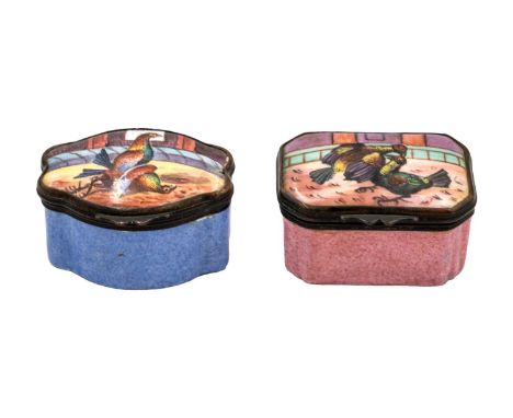 Two 18th-century Bilston enamel cock fighting snuff boxes. One of serpentine form titled 'DEATH', width 50mm, the other of re