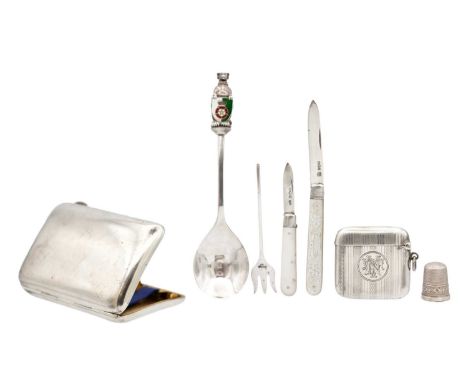 A mixed selection of silver. To include a modern commemorative spoon by Toye, Kenning &amp; Spencer, the finial cast with a h