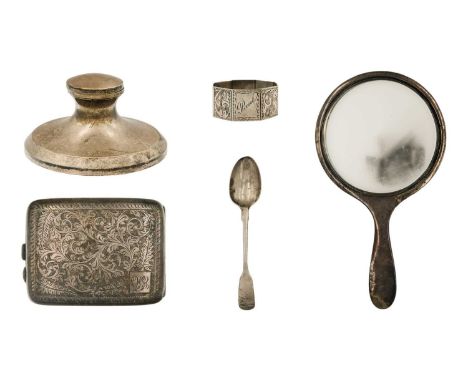 A selection of silver items. To inlcude a George V foliate scroll engraved cigarette case, Birmingham 1922, width 11cm, a Vic