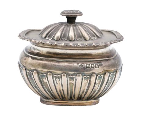 An Edwardian silver tea caddy by Horace Woodward & Co Ltd. With gadrooned body, hinged lid and finial. Height 9cm, width 10cm