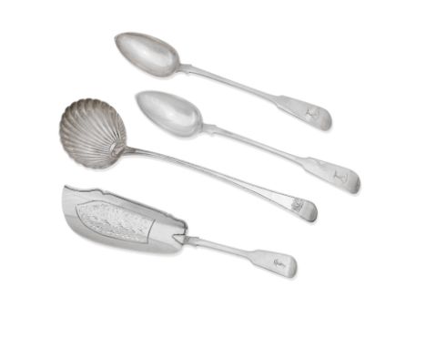 A George III soup ladlemaker's mark TE over GS, London 1768 Of feathered old English pattern and with shell bowl, a  pair of 
