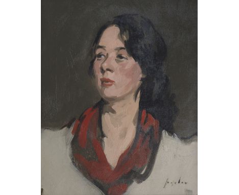 Samuel John Peploe RSA (British, 1871-1935)The red scarf, portrait of Jeannie Blyth signed 'Peploe' (lower right)oil on canva