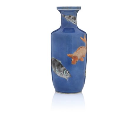 A Kangxi style rouleau vase,19th centurypainted with carp against powder blue ground, double circle mark in underglaze blue46