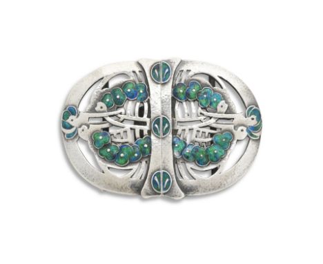 A silver and enamel buckle by Jessie Marion King for Liberty &amp; CoOf pierced oval form decorated with stylised floral desi