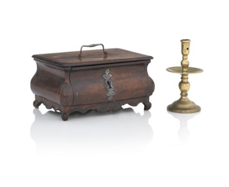 An 18th Century Mahogany Table Casket, probably DutchOf bombe form and with flat hinged lid, with shaped apron and scroll fee