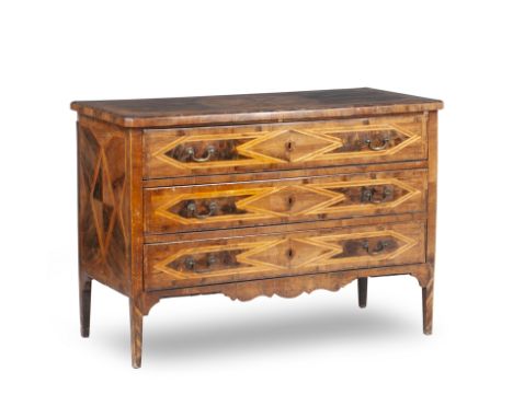 A North Italian Walnut and Parquetry CommodeEarly 19th centurythe rectangular top centred by a starburst roundel, fitted with
