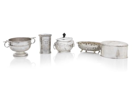 A collection of SilverIncluding a biscuit barrel by Sorley, Glasgow, 1910, of oval form with hinged lid, 19 cms wide, a Victo