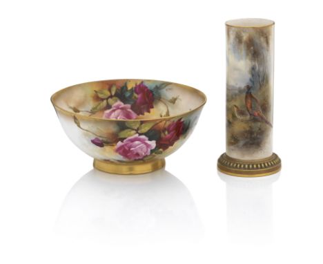 A Royal Worcester BowlPainted with roses on a blush ivory ground and signed F J Bray, with date code for 1913, 26.5cm diamete