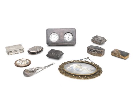 A Collection of ItemsIncluding a silver watch and pocket barometer holder, William Comyns, London, 1907, 15cms wide, a snuffb