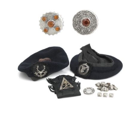 A collection of Scottish kilt jacket buttons, cap badges and broochesIncluding an annular silver brooch, by Alexander Ritchie