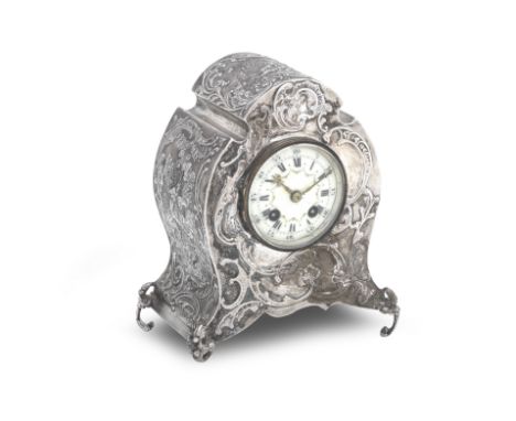 An Late Victorian Silver-Cased Mantel Clockmaker's mark WC, London 1899 On four scroll feet, the case of shaped outline with 