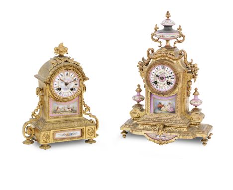 Two late 19th Century French Gilt and Porcelain-Mounted Mantel Clocksthe first twin train movement, striking on a bell, with 