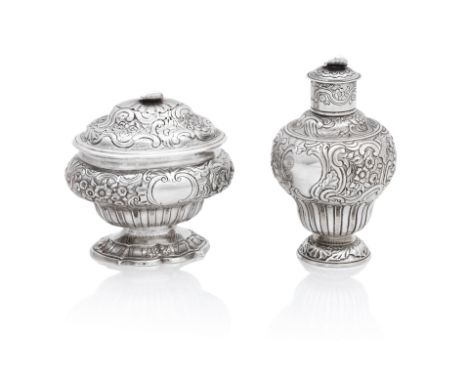 George II Sugar box and caddy,Aime Videau, London 1744 The sugar box of oval section, chased with all over pattern of rococo 